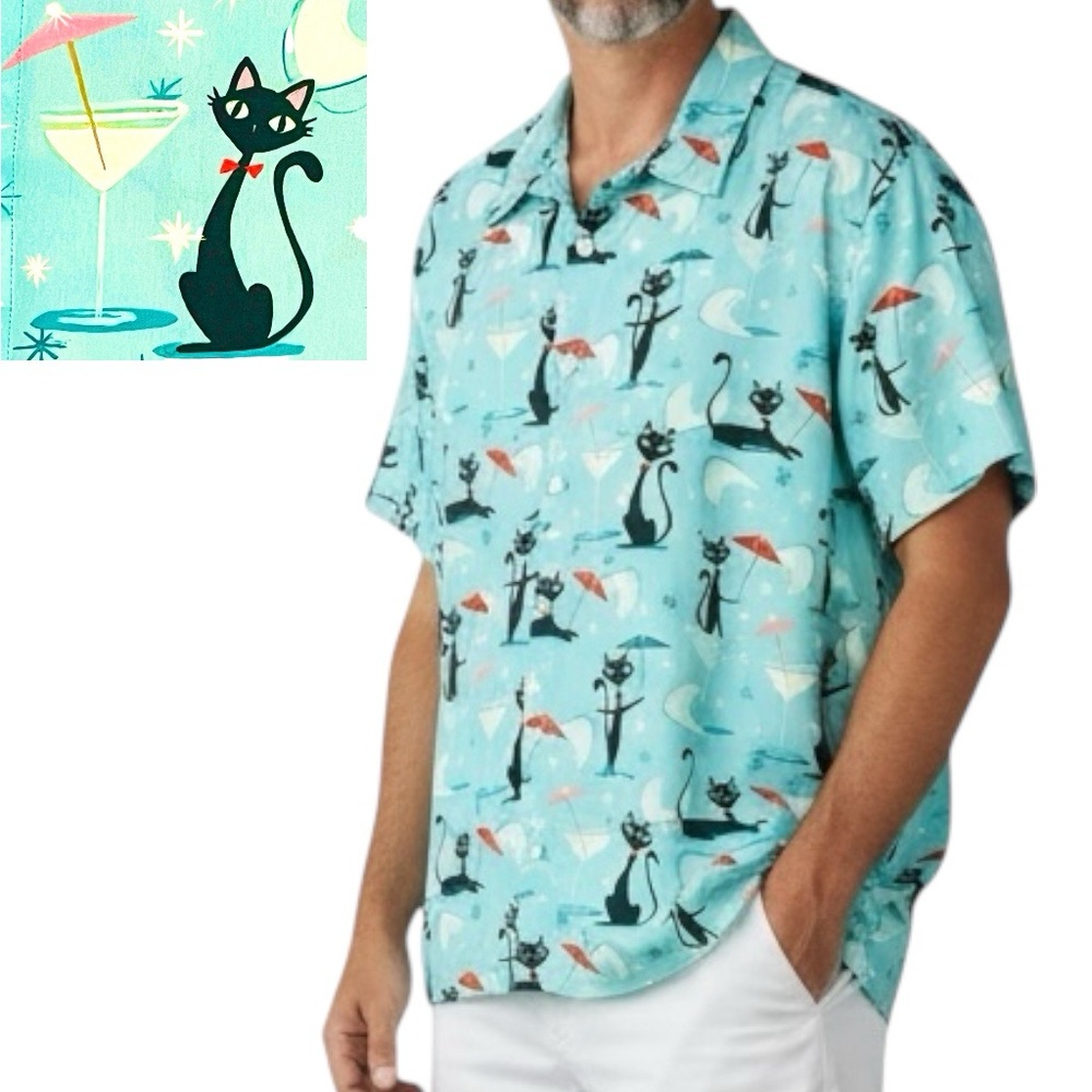 Misslook Men’s Shirt Turquoise Playful Black Cat Cocktail Umbrella Button Sz XL